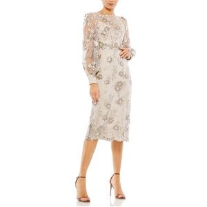 Mac Duggal Mocha Tan Embellished High Neck Long Sleeve Cocktail Dress - Reemoly